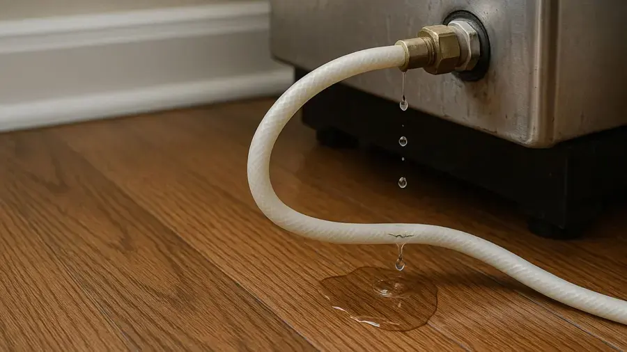 Ice maker water hose dripping onto a wood floor behind a refrigerator